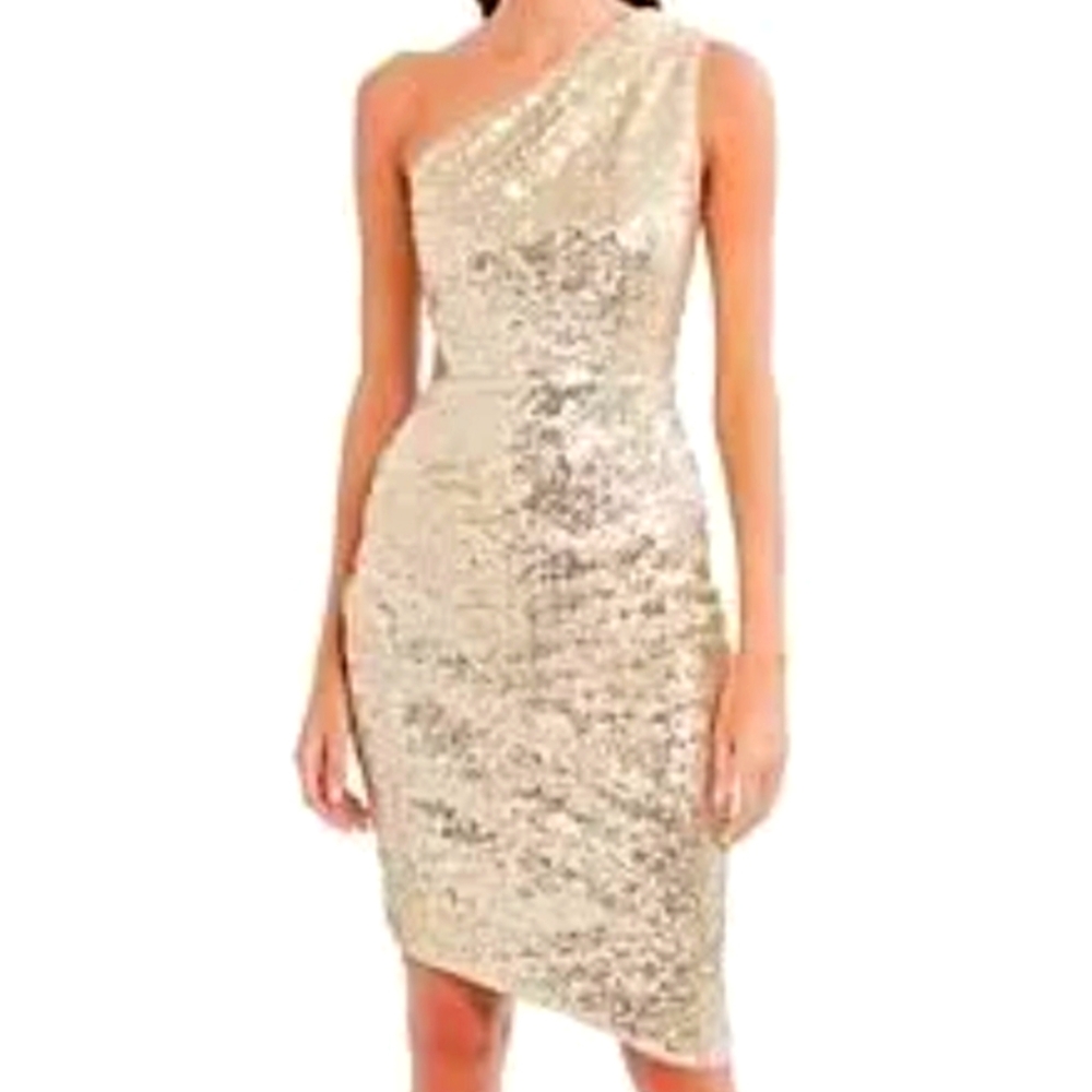 BCBGMaxAzria Gold Sequin Strapless Bodycon Dress